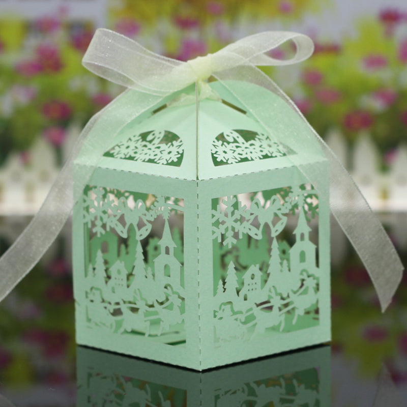 Maxbell 20Pcs Christmas Scene Hollow Out Candy Gift Boxes with Ribbons Decor Green
