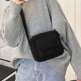 Maxbell Casual Plush Shoulder Bag Winter with Zipper Closure for Dating Daily Use Black