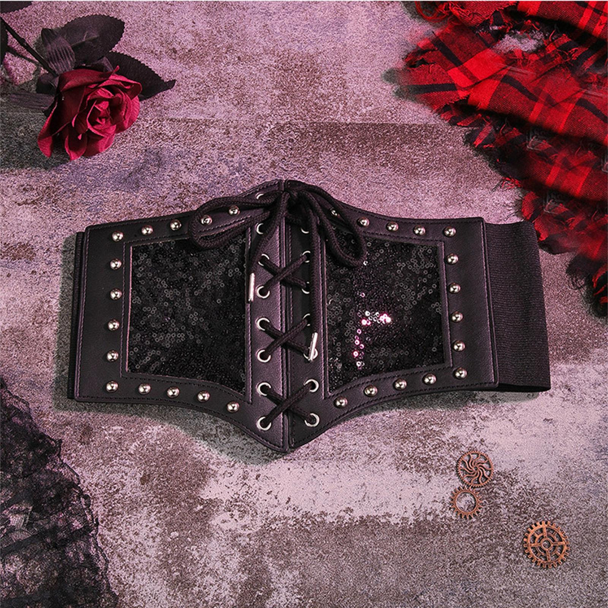 Maxbell Punk Gothic Women Waist Belt Cummerbunds Stretch Decorative Wide Corset Belt