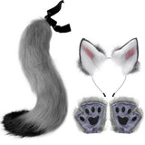 Maxbell 4x Plush Ears and Tail Set Anime Cosplay Gloves for Dance Women Carnival gray