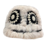 Maxbell Faux Plush Bucket Hat Furry Cute Fisherman Hat Plush for Teen Girls Black Beige