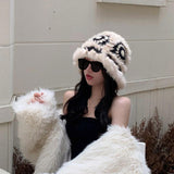 Maxbell Faux Plush Bucket Hat Furry Cute Fisherman Hat Plush for Teen Girls Black Beige