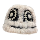 Maxbell Faux Plush Bucket Hat Furry Cute Fisherman Hat Plush for Teen Girls Black Beige