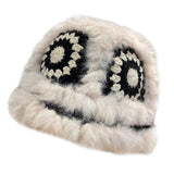 Maxbell Faux Plush Bucket Hat Furry Cute Fisherman Hat Plush for Teen Girls Black Beige