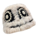 Maxbell Faux Plush Bucket Hat Furry Cute Fisherman Hat Plush for Teen Girls Black Beige