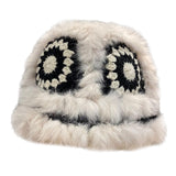 Maxbell Faux Plush Bucket Hat Furry Cute Fisherman Hat Plush for Teen Girls Black Beige