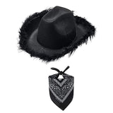 Maxbell Feather Cowboy Cowgirl hat Solid Color Fedora for Party Cosplay Ladies Black Square Towel