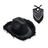 Maxbell Feather Cowboy Cowgirl hat Solid Color Fedora for Party Cosplay Ladies Black Square Towel