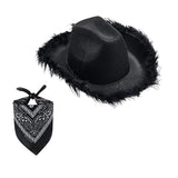 Maxbell Feather Cowboy Cowgirl hat Solid Color Fedora for Party Cosplay Ladies Black Square Towel
