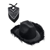 Maxbell Feather Cowboy Cowgirl hat Solid Color Fedora for Party Cosplay Ladies Black Square Towel