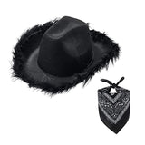 Maxbell Feather Cowboy Cowgirl hat Solid Color Fedora for Party Cosplay Ladies Black Square Towel