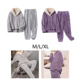 Maxbell 2Pcs Warm Flannel Pajama Loungewear Lady Loose Top Thick Cozy Grey M