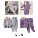 Maxbell 2Pcs Warm Flannel Pajama Loungewear Lady Loose Top Thick Cozy Grey M