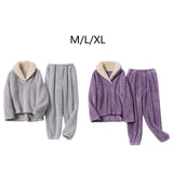 Maxbell 2Pcs Warm Flannel Pajama Loungewear Lady Loose Top Thick Cozy Grey M