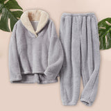 Maxbell 2Pcs Warm Flannel Pajama Loungewear Lady Loose Top Thick Cozy Grey M