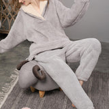 Maxbell 2Pcs Warm Flannel Pajama Loungewear Lady Loose Top Thick Cozy Grey M