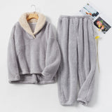 Maxbell 2Pcs Warm Flannel Pajama Loungewear Lady Loose Top Thick Cozy Grey M