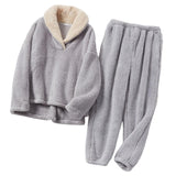 Maxbell 2Pcs Warm Flannel Pajama Loungewear Lady Loose Top Thick Cozy Grey M