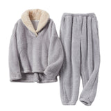 Maxbell 2Pcs Warm Flannel Pajama Loungewear Lady Loose Top Thick Cozy Grey M