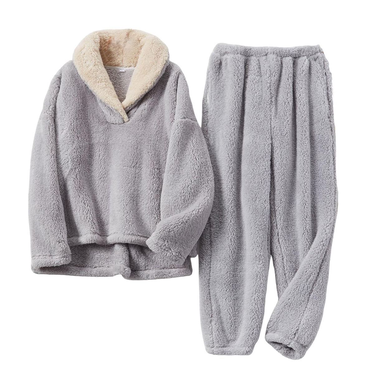 Maxbell 2Pcs Warm Flannel Pajama Loungewear Lady Loose Top Thick Cozy Grey L