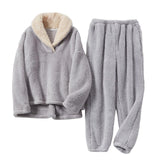 Maxbell 2Pcs Warm Flannel Pajama Loungewear Lady Loose Top Thick Cozy Grey L