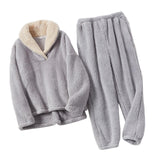 Maxbell 2Pcs Warm Flannel Pajama Loungewear Lady Loose Top Thick Cozy Grey L