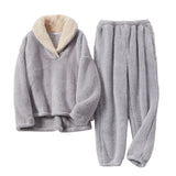 Maxbell 2Pcs Warm Flannel Pajama Loungewear Lady Loose Top Thick Cozy Grey L