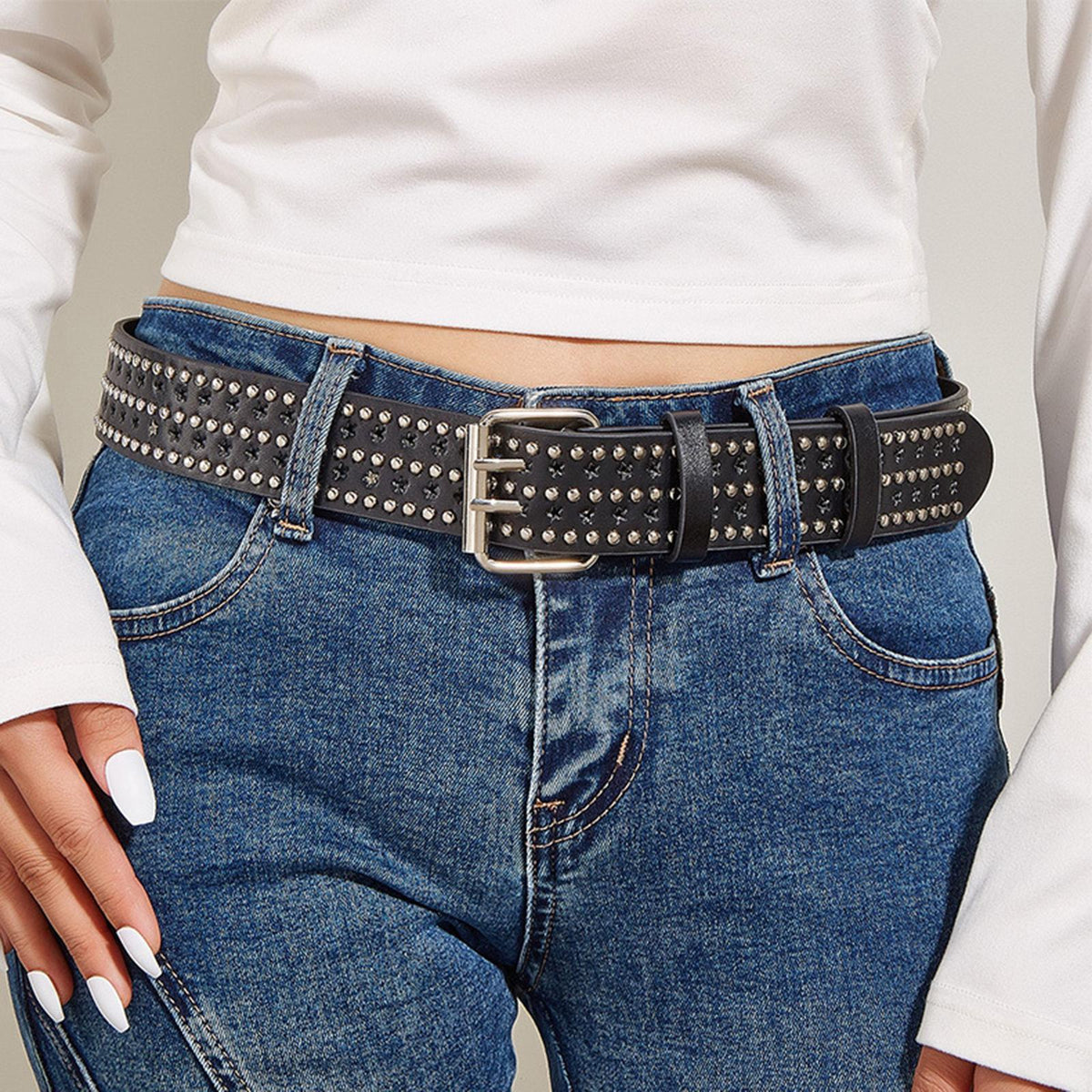 Maxbell Fashion Men Rivet Belt Adjustable PU Leather Casual Punk Cool Boy Girl black