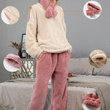 Maxbell 2Pcs Women Pajamas Set Fleece Sleepwear Plush Loose Long Sleeve beige M