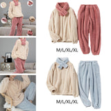 Maxbell 2Pcs Women Pajamas Set Fleece Sleepwear Plush Loose Long Sleeve beige M