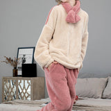 Maxbell 2Pcs Women Pajamas Set Fleece Sleepwear Plush Loose Long Sleeve beige M