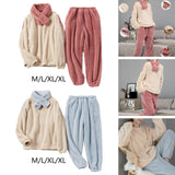 Maxbell 2Pcs Women Pajamas Set Fleece Sleepwear Plush Loose Long Sleeve beige M