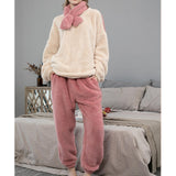 Maxbell 2Pcs Women Pajamas Set Fleece Sleepwear Plush Loose Long Sleeve beige M