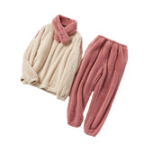 Maxbell 2Pcs Women Pajamas Set Fleece Sleepwear Plush Loose Long Sleeve beige M