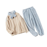 Maxbell 2Pcs Women Pajamas Set Fleece Sleepwear Plush Loose Long Sleeve blue medium