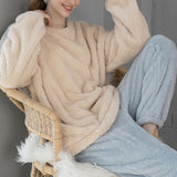 Maxbell 2Pcs Women Pajamas Set Fleece Sleepwear Plush Loose Long Sleeve blue medium