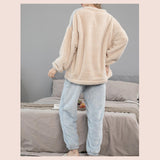 Maxbell 2Pcs Women Pajamas Set Fleece Sleepwear Plush Loose Long Sleeve blue medium