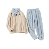 Maxbell 2Pcs Women Pajamas Set Fleece Sleepwear Plush Loose Long Sleeve blue medium