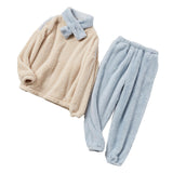 Maxbell 2Pcs Women Pajamas Set Fleece Sleepwear Plush Loose Long Sleeve blue medium