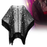 Maxbell 1920S Retro Sequin Beaded Shawl Long Fringed Evening Cape for Banquet Party Black Argent