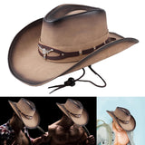 Maxbell Western Cowboy Hat Wide Roll up Brim Hombre Caps Fashion Sombrero PU Leather Brown