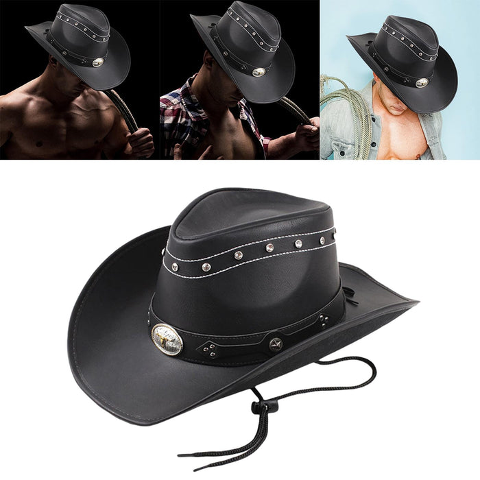 Maxbell Western Cowboy Hat Wide Roll up Brim Hombre Caps Fashion Sombrero PU Leather Black