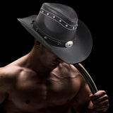 Maxbell Western Cowboy Hat Wide Roll up Brim Hombre Caps Fashion Sombrero PU Leather Black