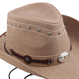 Maxbell Western Cowboy Hat Wide Roll up Brim Hombre Caps Fashion Sombrero PU Leather Khaki