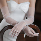 Maxbell Bridal Gloves Full Finger with Rhinestones Mesh Opera Gloves for Accessories