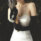 Maxbell Elegant Long Velvet Gloves Black Full Finger for Tea Party Evening Marriage