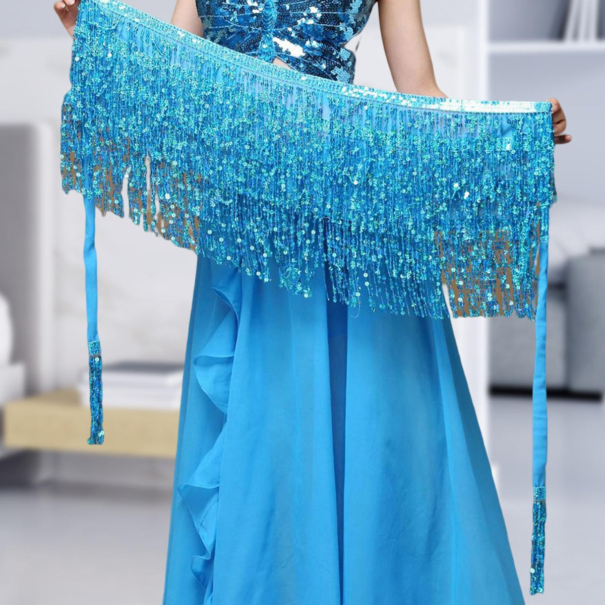 Maxbell Belly Dance Skirt Belt Sequined Tassel Costume for Performance Party Rave Blue