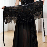 Maxbell Belly Dance Skirt Belt Sequined Tassel Costume for Performance Party Rave Black