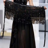 Maxbell Belly Dance Skirt Belt Sequined Tassel Costume for Performance Party Rave Black