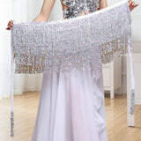 Maxbell Belly Dance Skirt Belt Sequined Tassel Costume for Performance Party Rave White